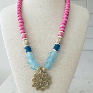 Pink and Blue Handmade Beaded Necklace with Brass Pendant
